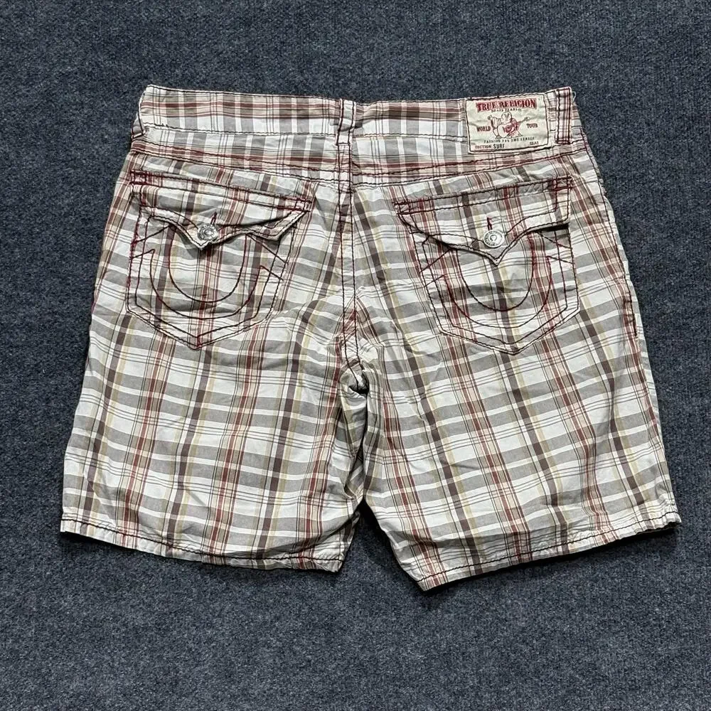 True Religion Swim Shorts Mens 40 Beige Plaid Cotton Twill Swimwear Pockets